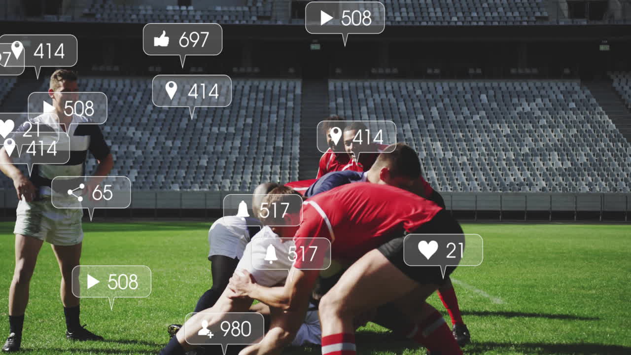Social media interaction icons animation over rugby players in stadium