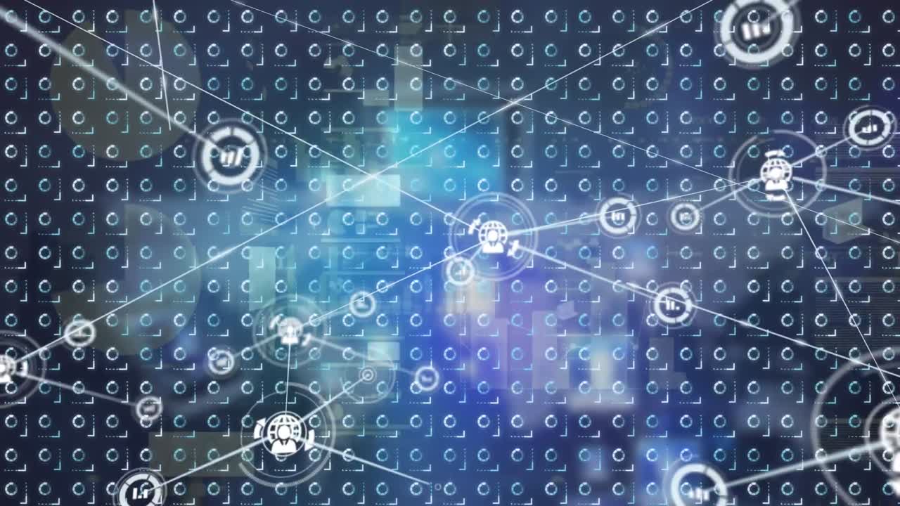 Animation of network of connections with icons over data processing and shapes