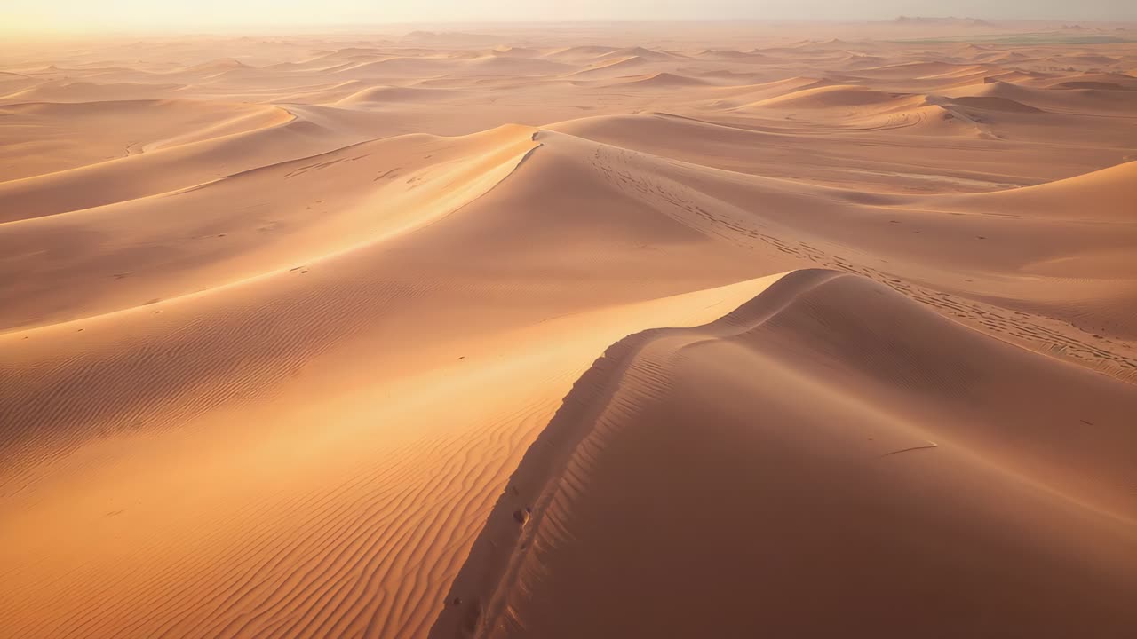 Drone che scivola seguendo la cresta principale di una duna sopra il deserto, rivelando increspature di sabbia e leggere impronte