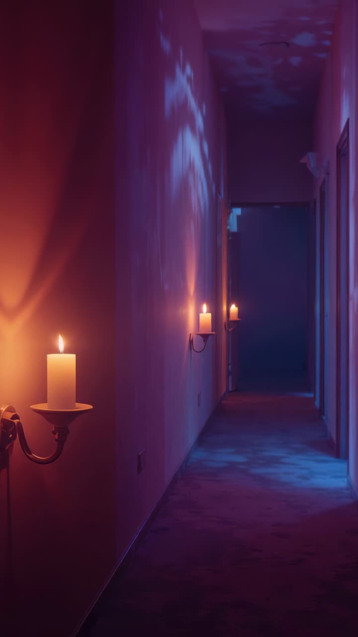 Vertical video: Starting camera capturing hallway lit by three sconces, flickering light pattern