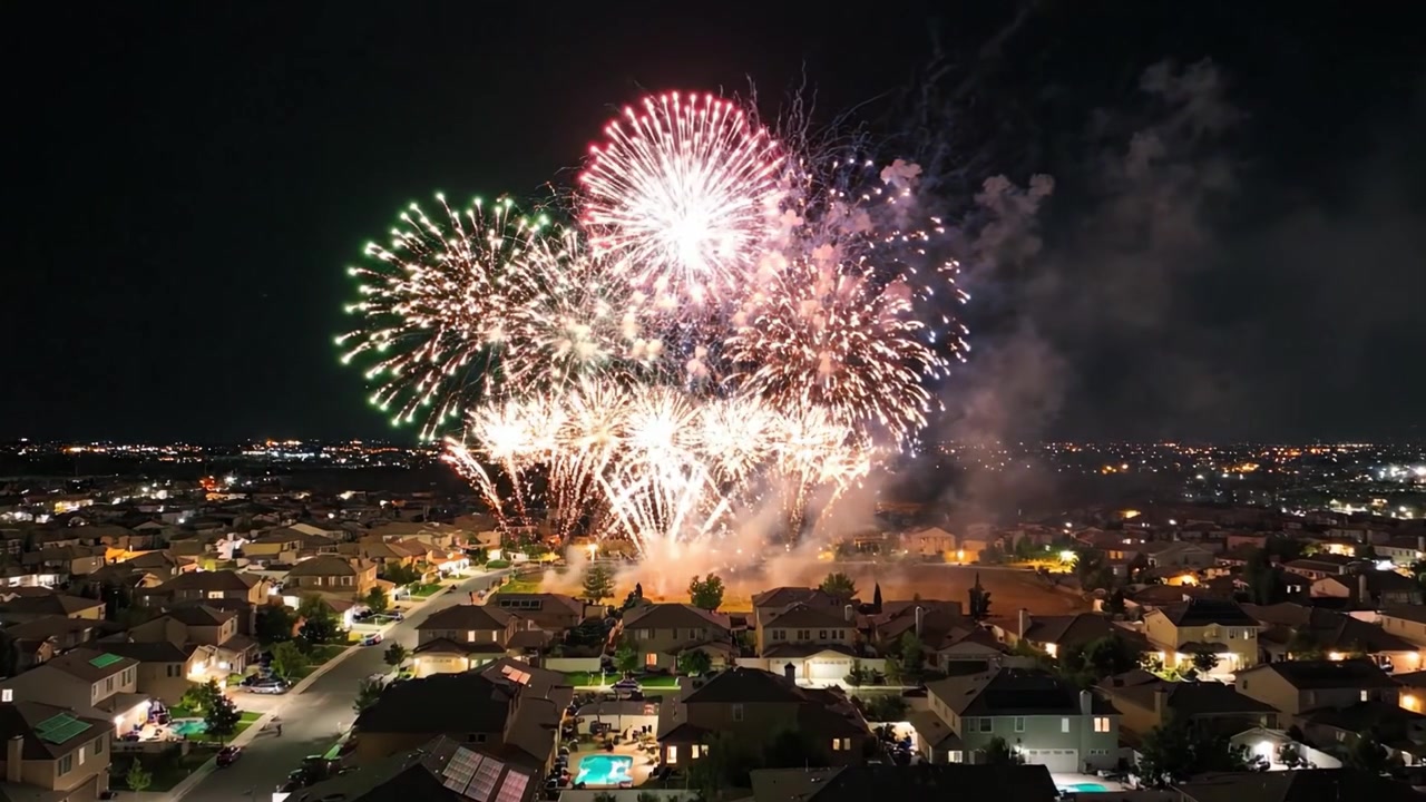 Betagende nattehimmel: Eksplosivt fyrværkeri oplyser bybilledet og skaber et blændende show over forstadshuse i en levende lysfest.