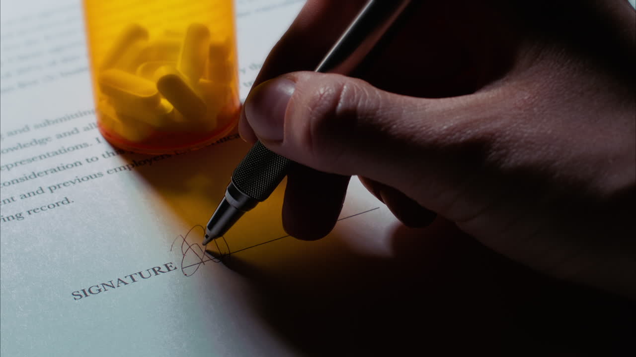 Close up low angle shot of a female caucasian hand signing a document, with a pill bottle