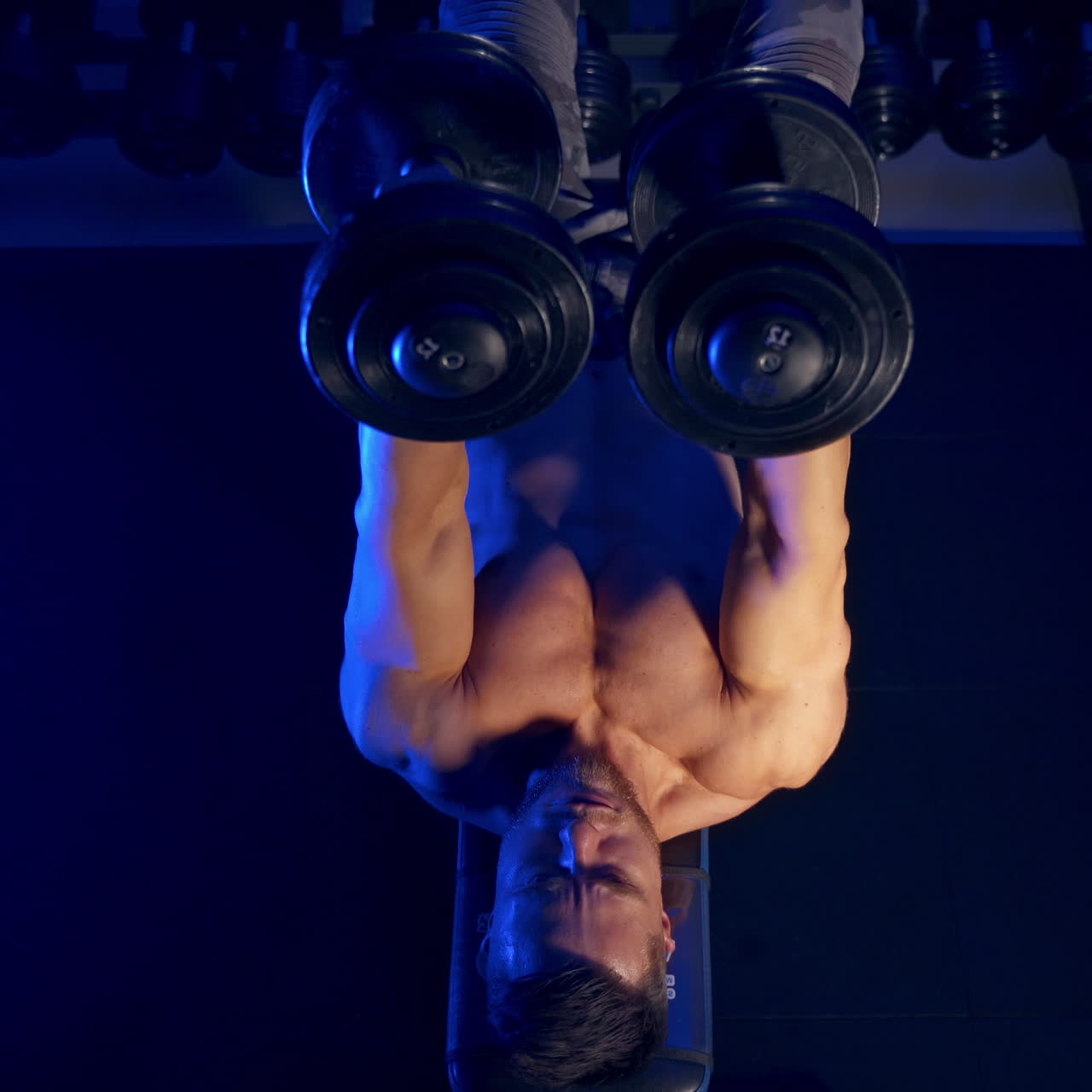 Man with naked torso doing chest workout, bench press with dumbbells in gym. Blue light filter. View from the top.