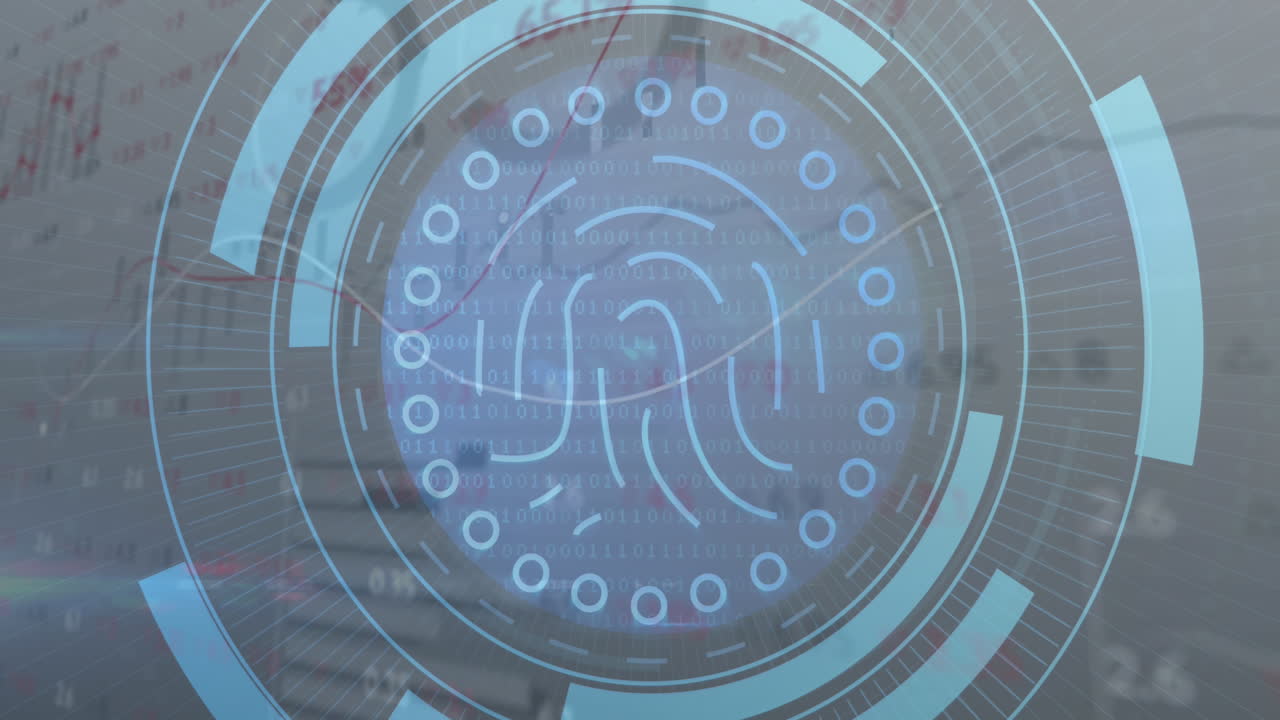 animación de escáner biométrico de huellas dactilares y procesamiento de datos del mercado de valores contra un fondo gris