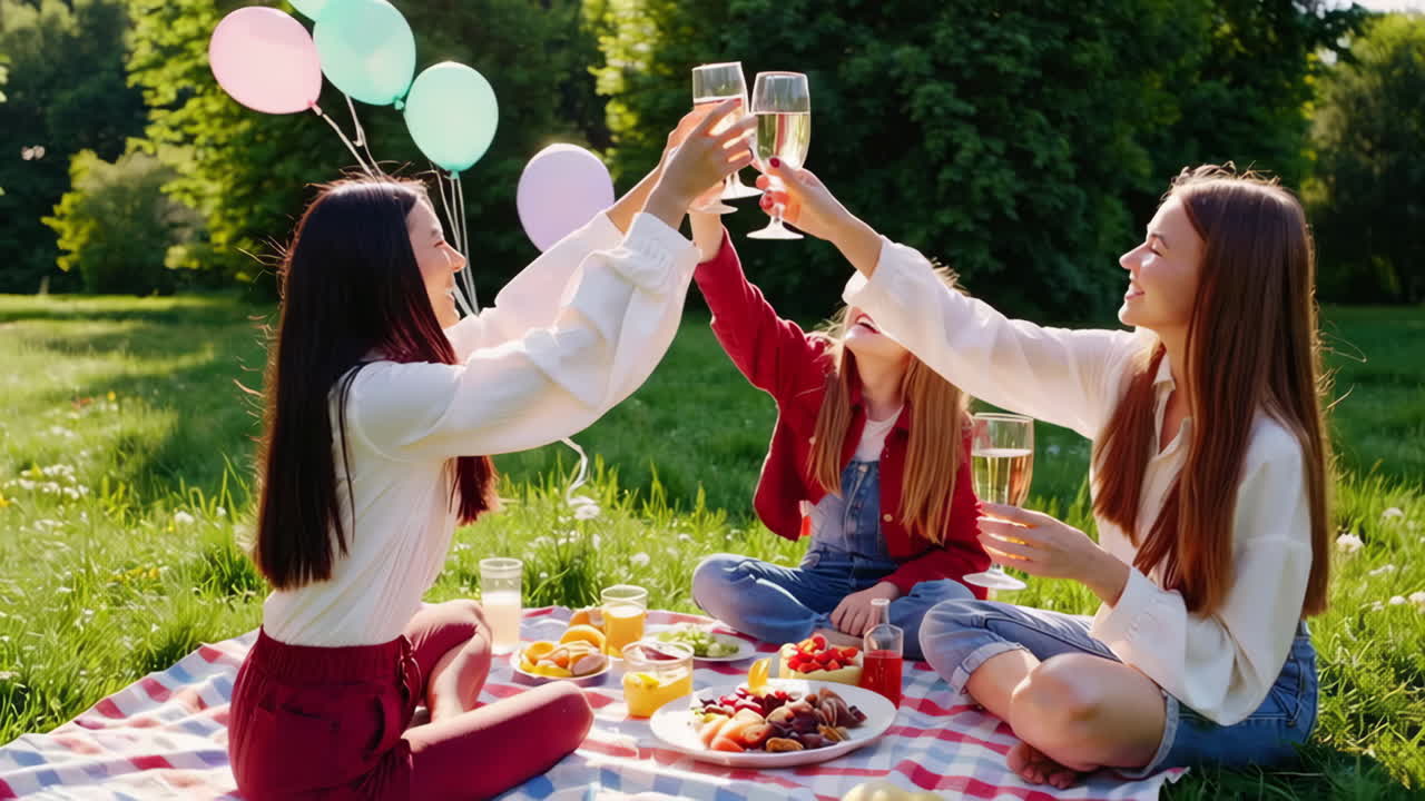 Friends Enjoying a Picnic and Toasting in a Sunny Park