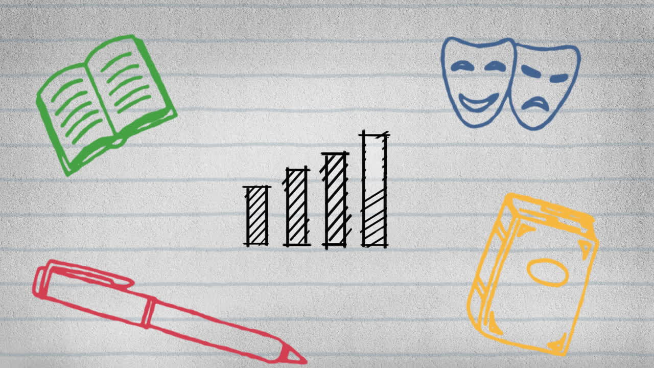 animación de iconos escolares sobre papel con regla blanca