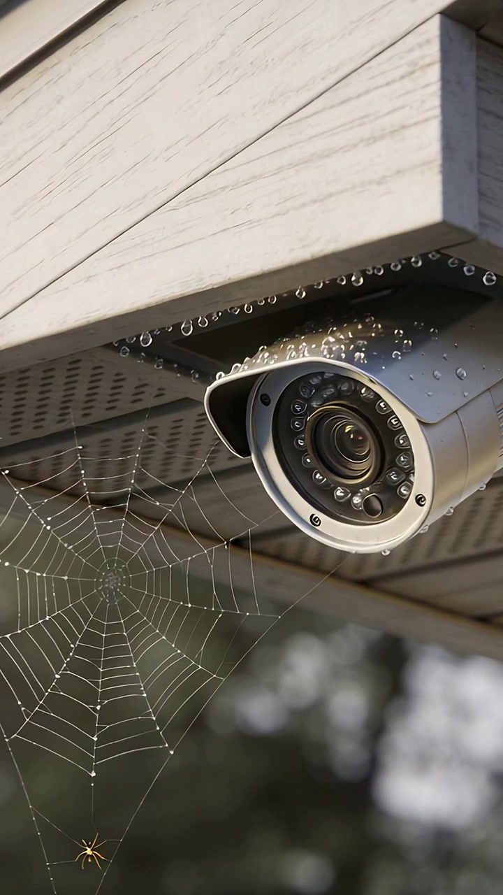 Vertical video: Showing bullet camera monitoring under eave, dew beading on web with spider
