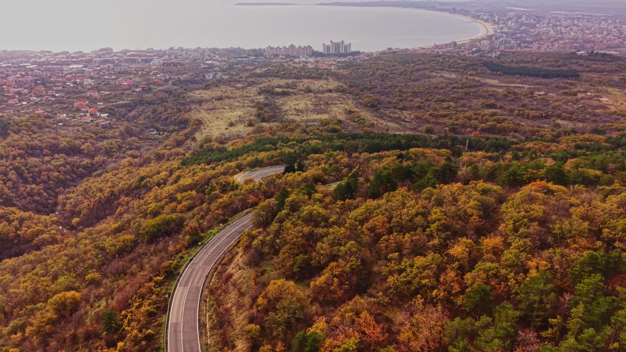Scenic aerial view of Bulgaria showcasing the coastline and autumn foliage