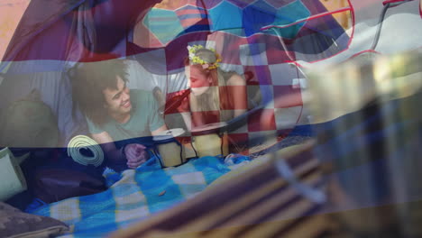 Relaxing-in-tent,-camping-couple-enjoying-over-Croatian-flag-animation