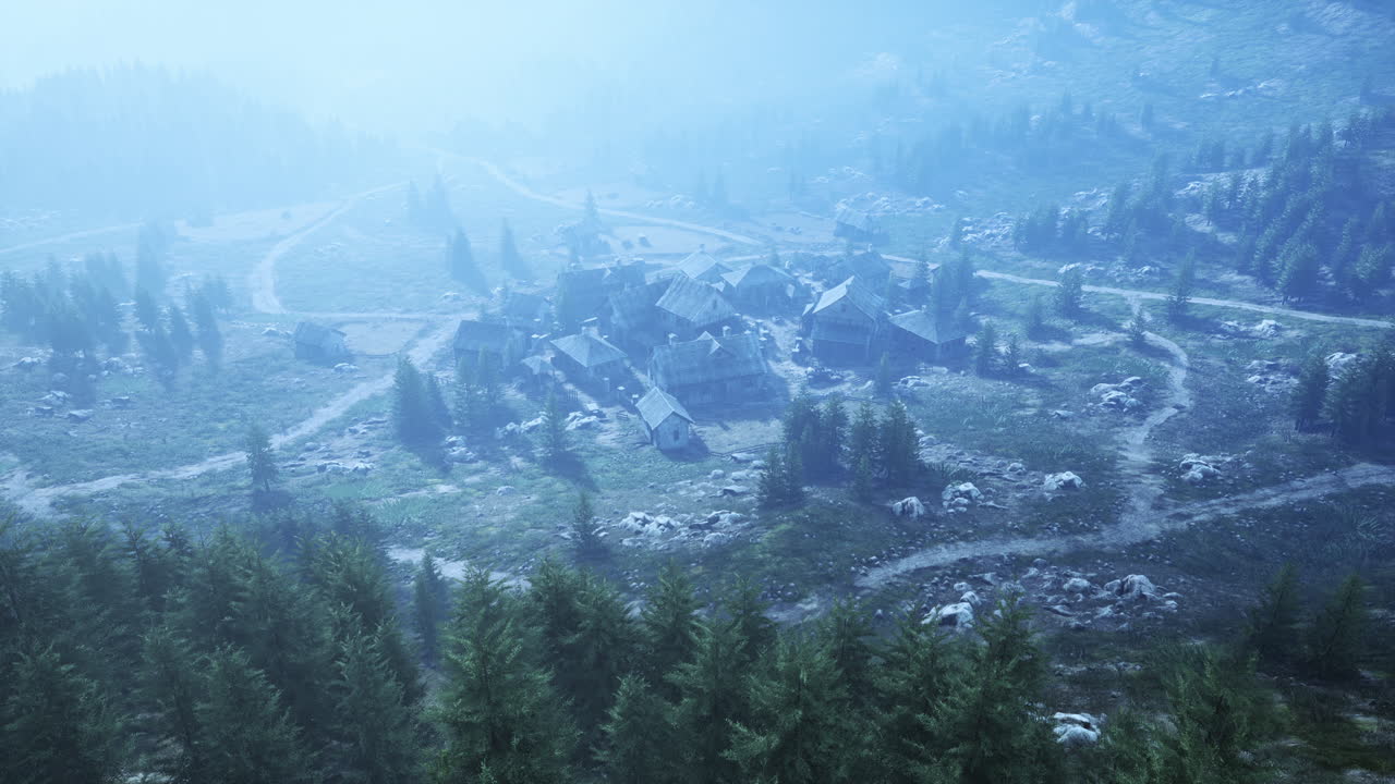 Old wooden village on the rocky mountain background