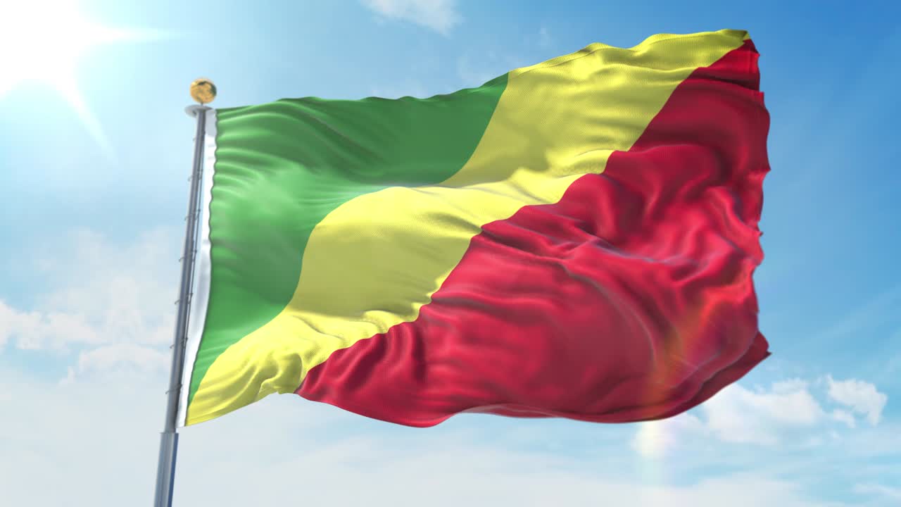 Congo Republic flag waving in the wind against deep blue sky. National theme, international concept. 3D Render Seamless Loop 4K