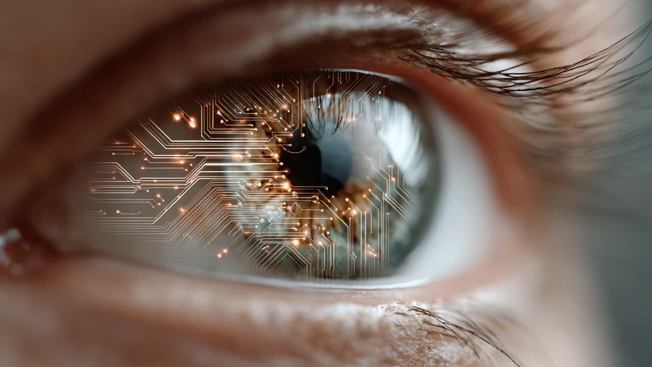 A Close-Up of a Human Eye Enhanced by Futuristic Circuit Patterns, Blending Technology and Biology for a Captivating Vision of Innovation
