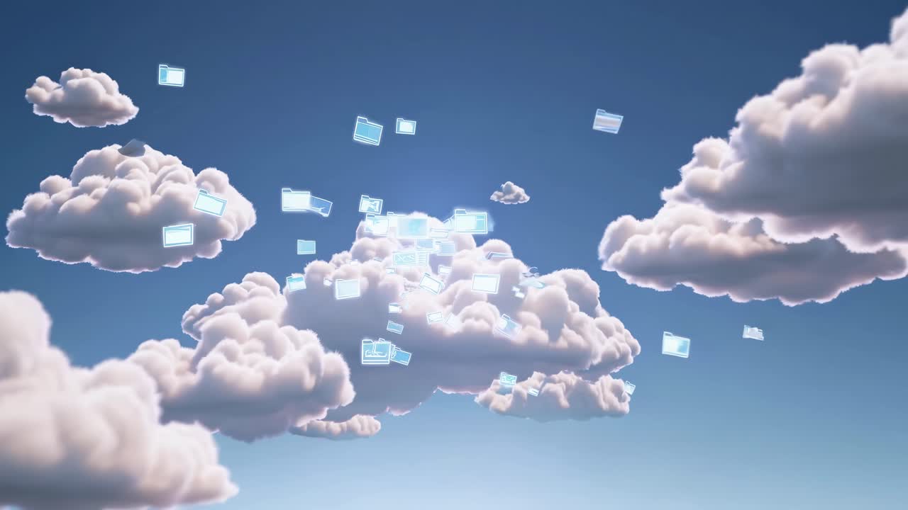 Aerial view of digital folders floating among fluffy clouds, symbolizing cloud storage