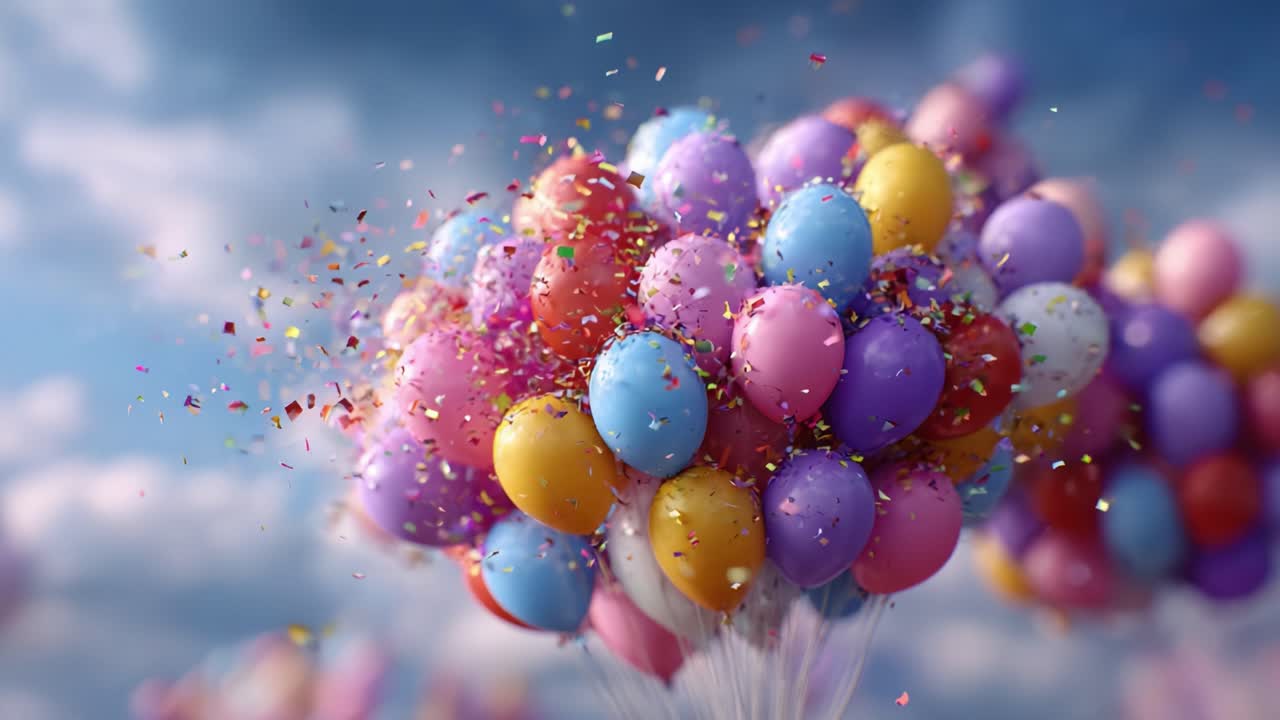 A Vibrant Cloud of Colorful Balloons and Confetti Dancing in the Sky, Celebrating Joyous Moments and Special Occasions with Cheer and Festivity in Every Shade