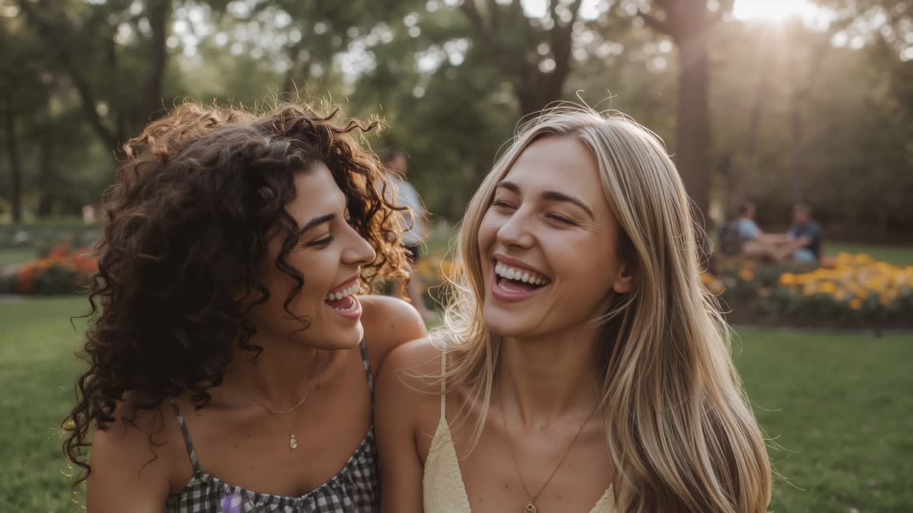 Dupla animada em vestidos de verão, inclinando-se e rindo no parque com reflexo solar, enquanto corredores passam.