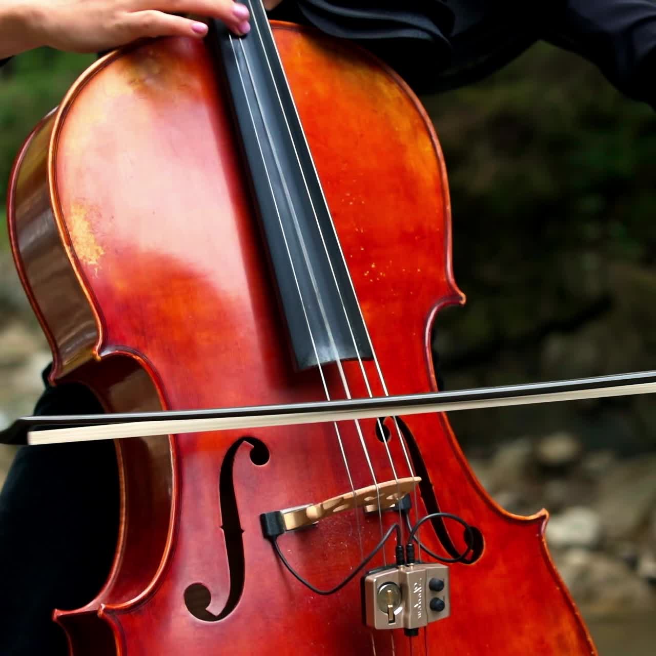 Red cello in woman's hands outdoors. Female cellist playing the musical instrument on nature background. Close-up.