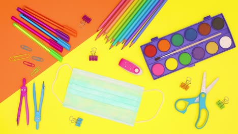 back to school covid-19 stop motion. school stationery appear