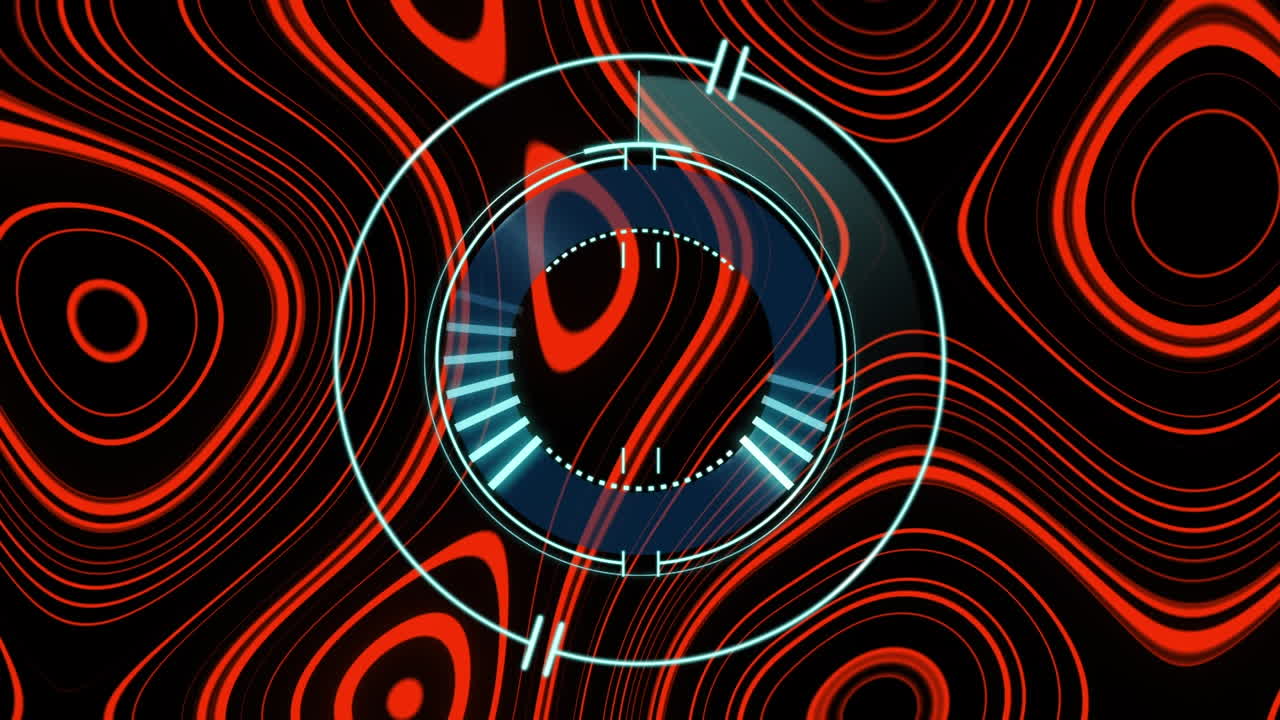 Animation of neon round scanner over red kaleidoscopic pattern against black background