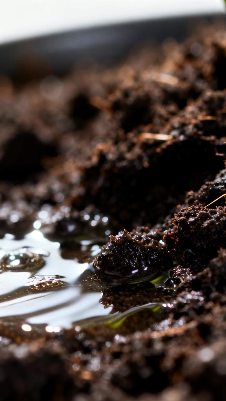Video verticale: Goccia d'acqua che increspa una pozzanghera e bagna il terriccio in un vaso basso con bordo.