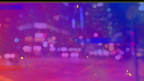 animation of flickering colourful rectangles with glitch over road traffic and cityscape