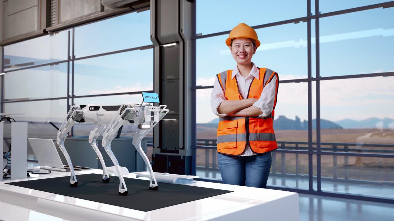 cuerpo lleno de ingeniera asiática con casco de seguridad cruzando los brazos y sonriendo a la cámara mientras está de pie en una fábrica de alta tecnología, analizando el concepto de máquina robótica