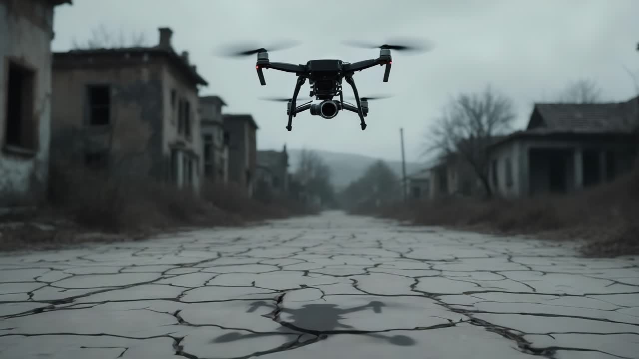 Drone Flying Over a Desolate Abandoned Town