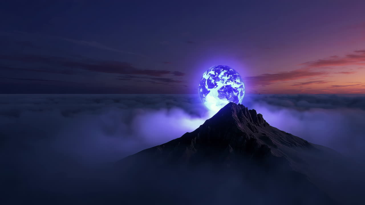 Mystical Mountain Peak with Luminous Blue Orb Above Clouds
