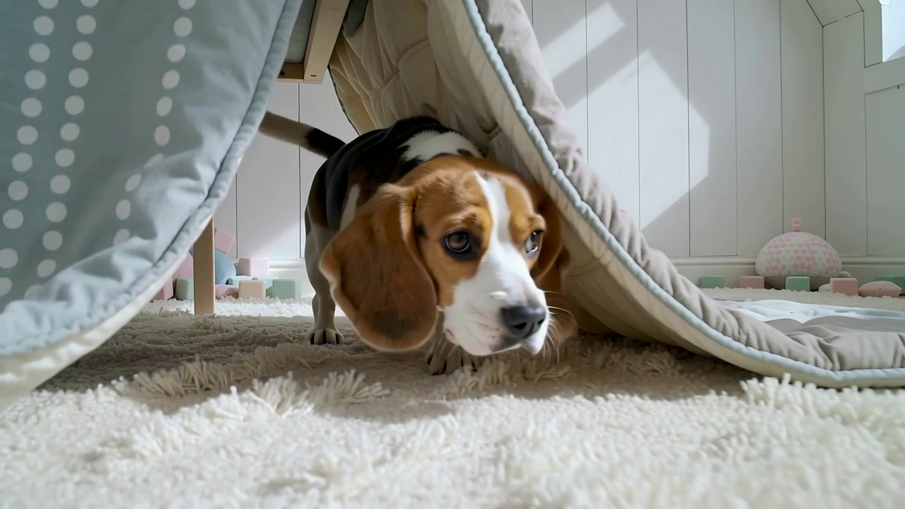 Spotting sunlight, pushing quilt, tricolor beagle emerging from tent at kids room, exploring area