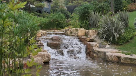 a tranquil waterfall and pond in a lush garden