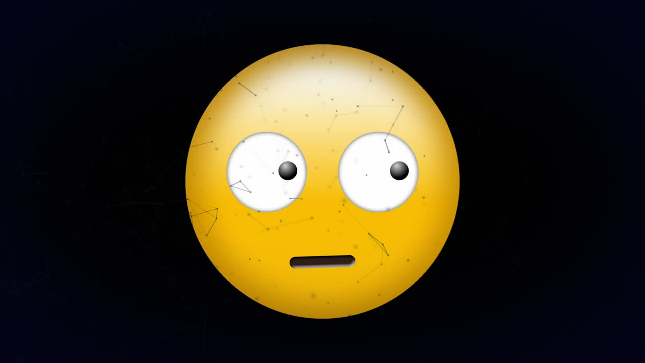 animación digital de una red de conexiones flotando sobre un emoji de cara confusa sobre un fondo negro