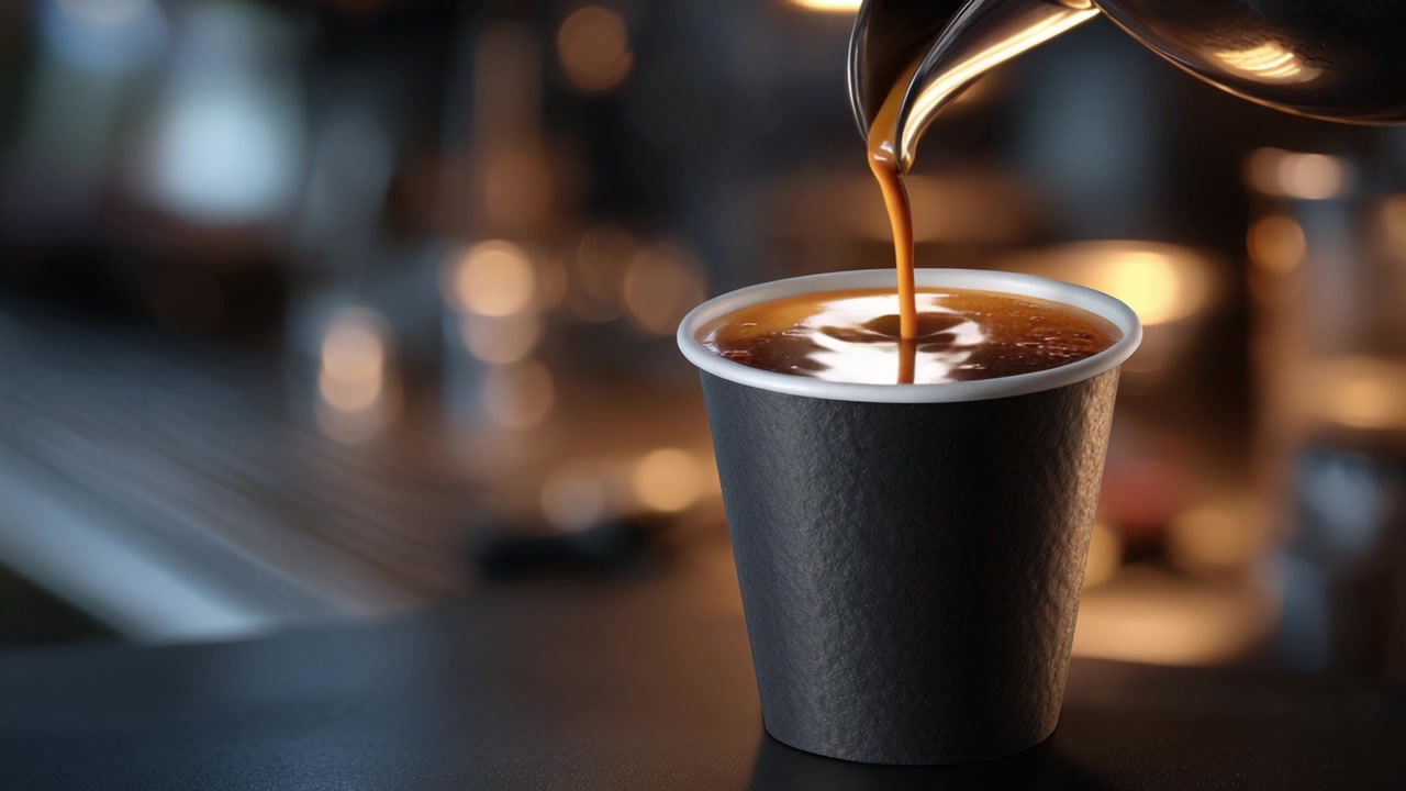Un versamento caldo: catturare la ricca essenza del caffè mentre viene vaporizzato e versato in una tazza di carta per un'esperienza di degustazione deliziosa.