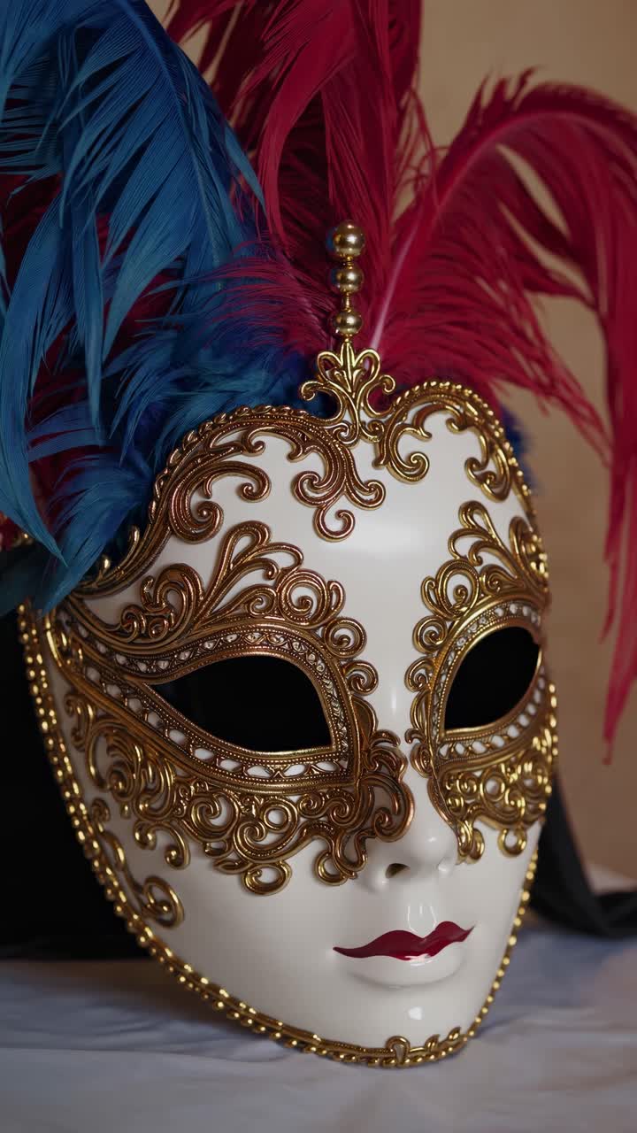 Elegante maschera veneziana con dettagli dorati e piume, ripresa da un'angolazione laterale ravvicinata.
