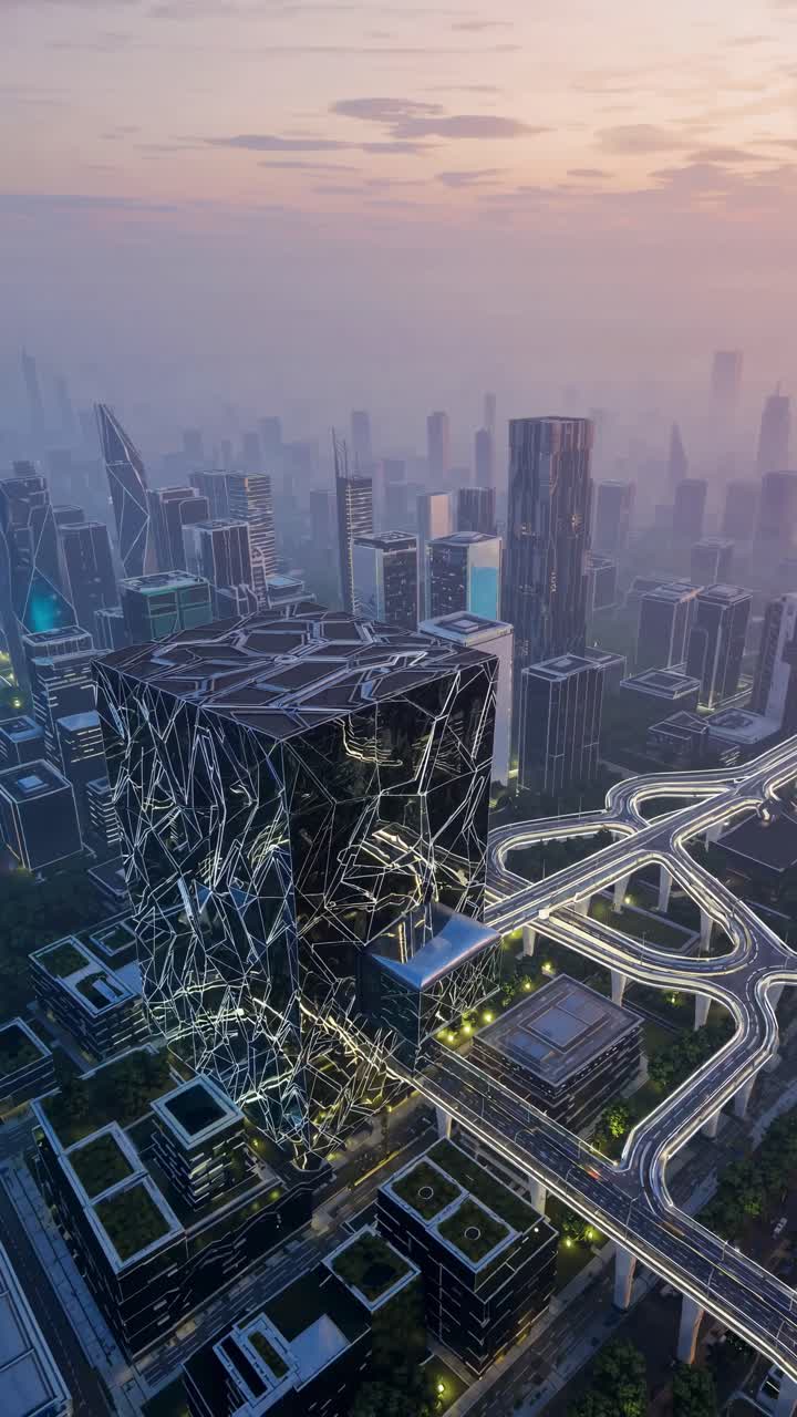 Futuristic cityscape with geometric architecture at dusk, captured from a high-angle