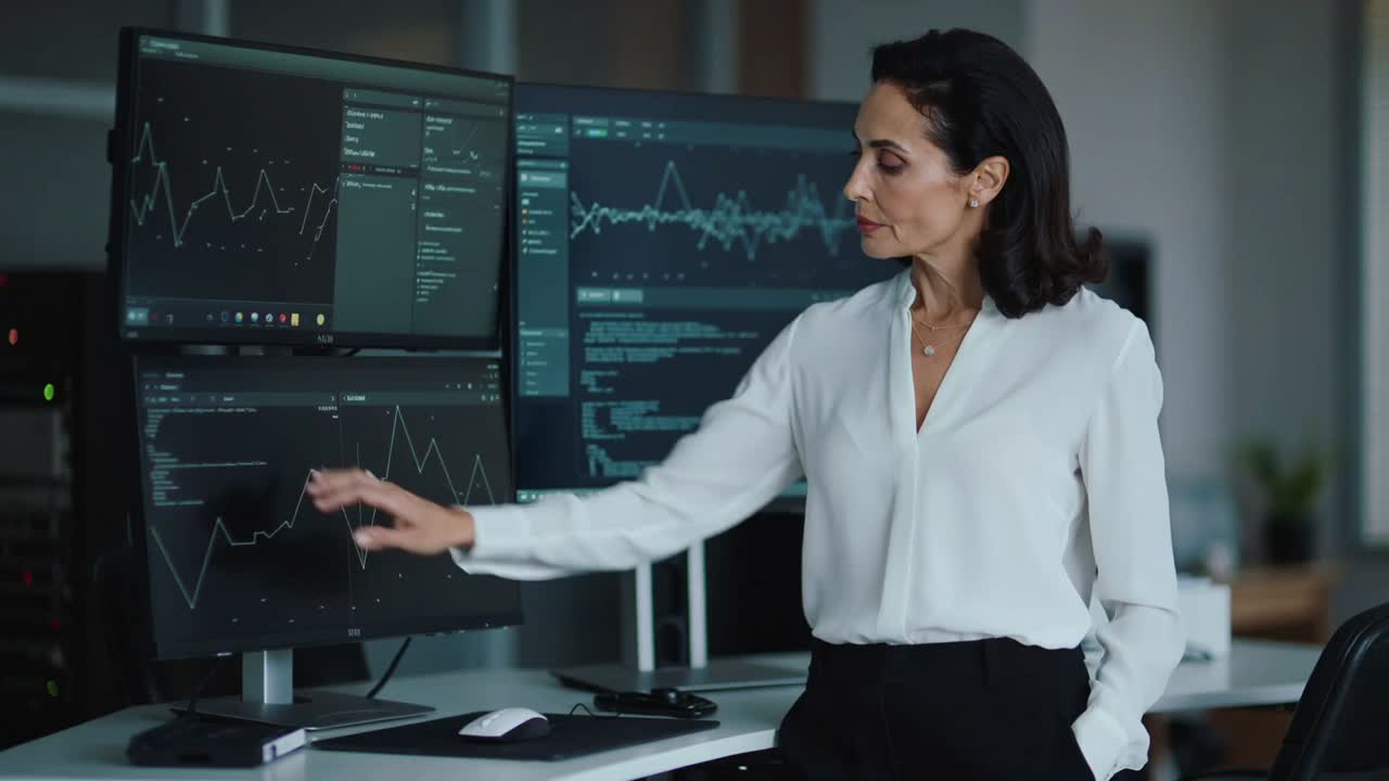 Reacting to data spikes analyst in white blouse analyzing charts on workstation monitors with mouse