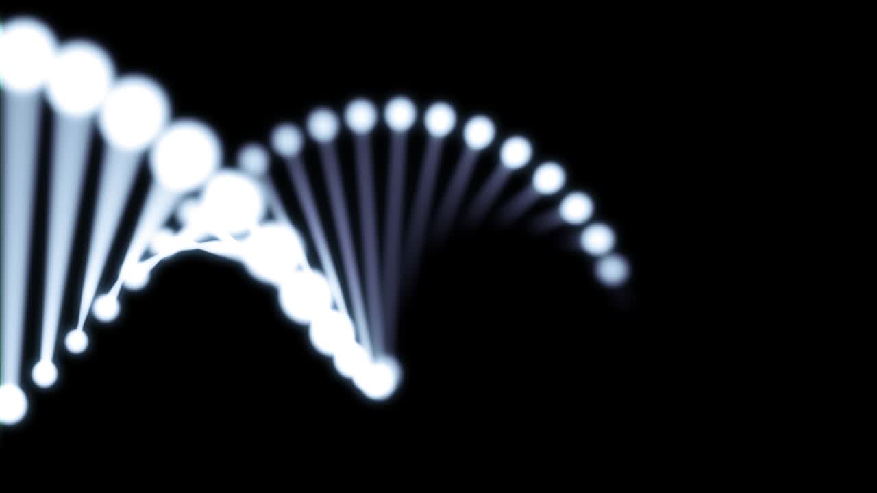 animación 3d de adn reluciente en un fondo negro. 60 fps. el objeto gira horizontalmente en el centro de la pantalla.