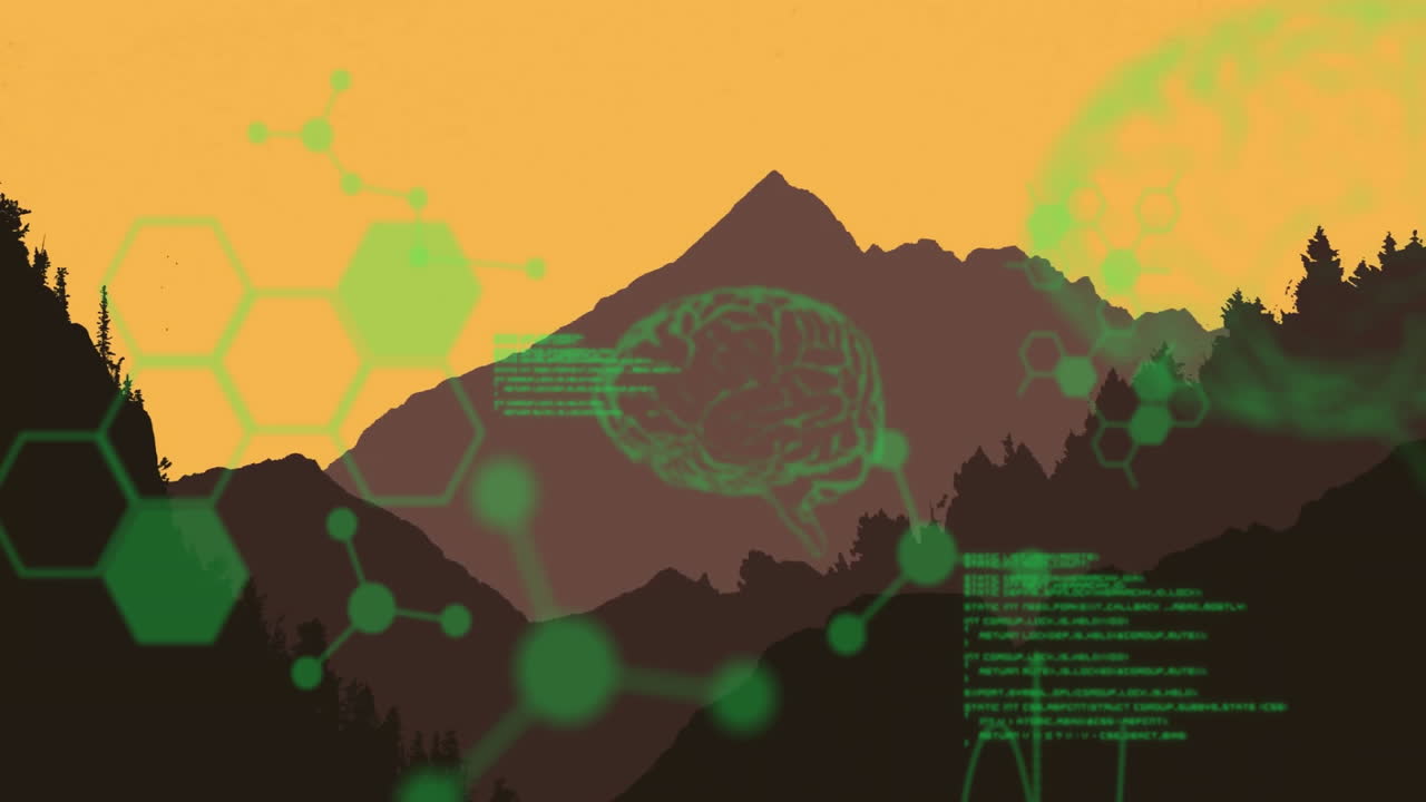 Animation of green data and brain graphics overlaying mountain landscape at sunset