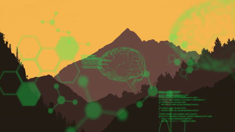 animation of green data and brain graphics overlaying mountain landscape at sunset