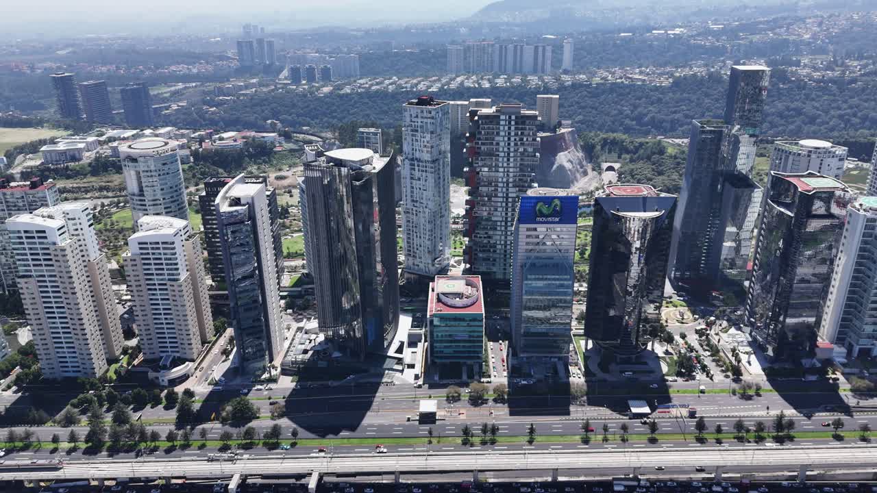 Panoramic aerial view of corporate buildings in Santa Fe, Mexico Ciy