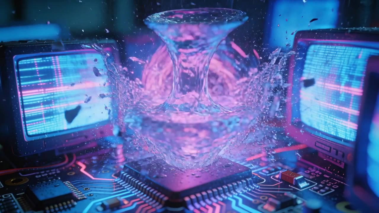 Descending liquid stream striking central microchip on workbench, forming rotating water vortex