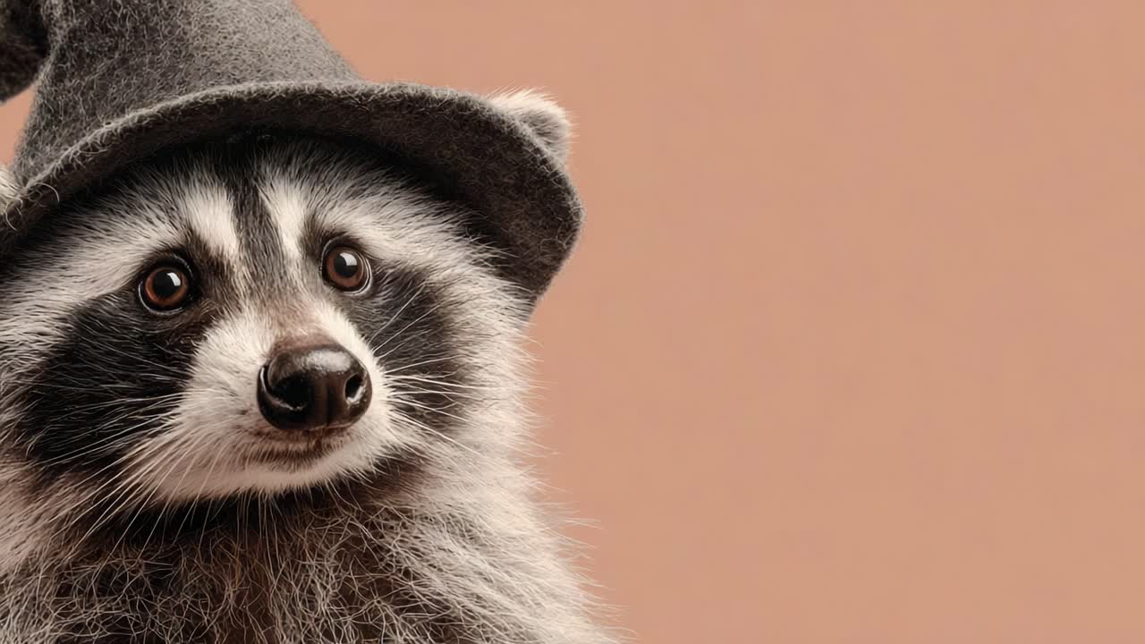 A charming and whimsical raccoon wearing a stylish gray hat, perfectly posing against a soft peach background, showcasing its expressive eyes and adorable features