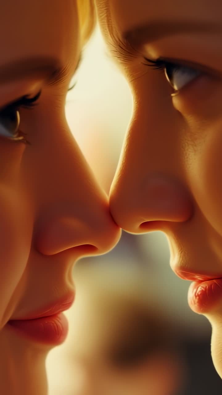 Video verticale: sguardo fisso, coppia che si sporge per una connessione intima in interni, controluce