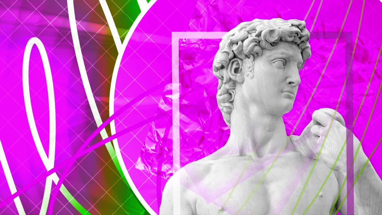 고전적인 동상과 함께 현대 미술 콜라지