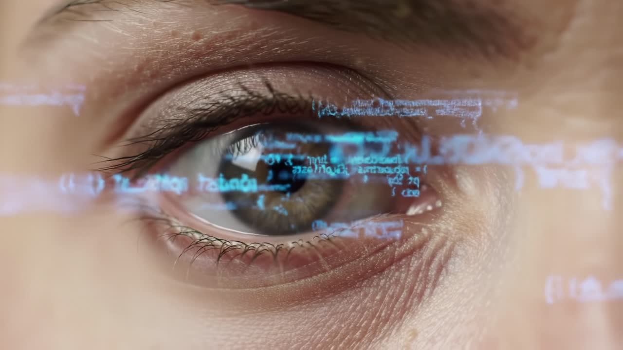 A Close-Up View of an Eye Displaying Futuristic Data and Code: A Fascinating Intersection of Human Intelligence and Advanced Technology