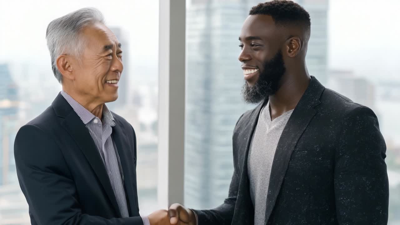 A Heartwarming Professional Meeting Between Two Confident Men In Business Attire, Displaying Genuine Smiles And A Strong Handshake, Signifying Mutual Respect And Successful Collaboration