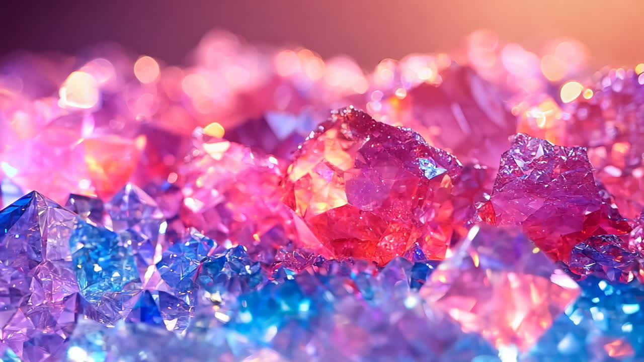A close up of pink and blue crystals on a surface