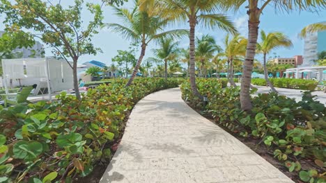 Exploring-the-hotel-path-at-the-luxurious-and-beautiful-Margarita-resort-with-coconut-trees-during-the-hot-sun-in-Venezuela