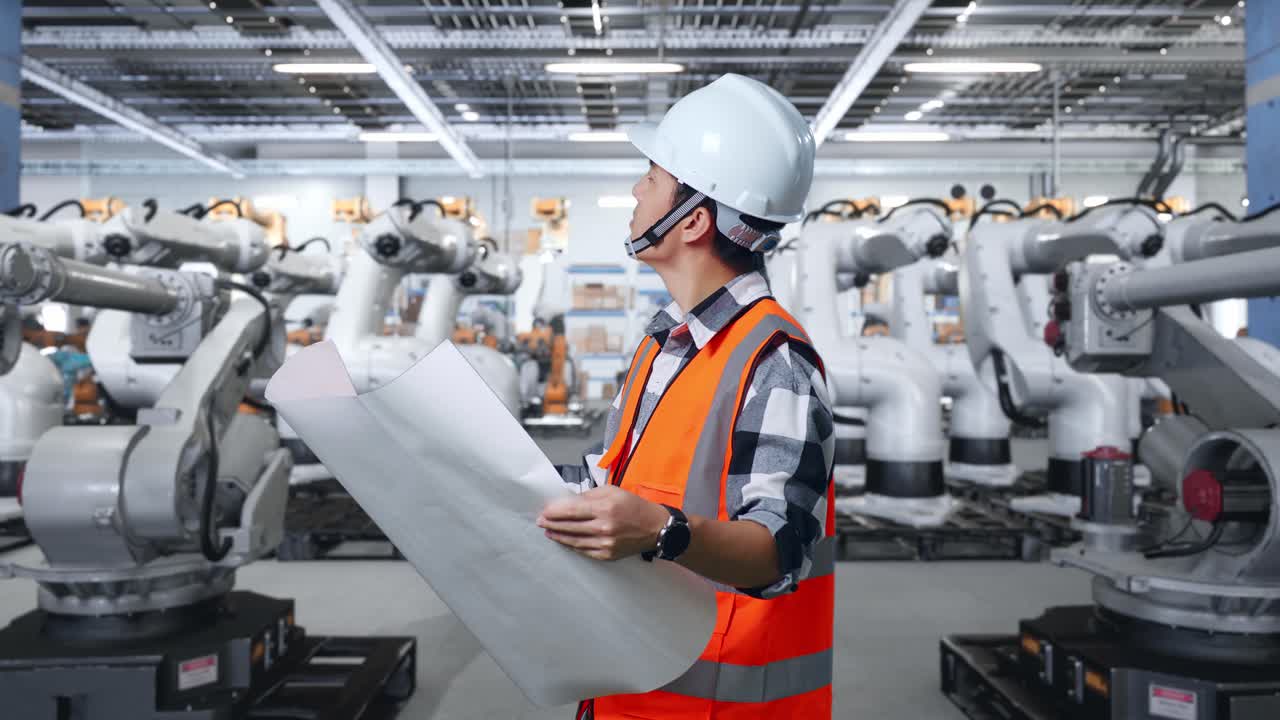 ingegnere che esamina i piani in un impianto di produzione di robotica