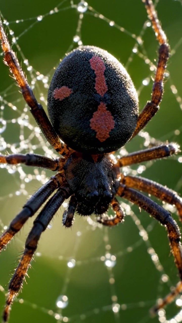 Nærbilde av en edderkopp som viser intrikate detaljer, levende farger og spindelvevstråder prydet med morgendugg, som fremhever skjønnheten til disse fascinerende skapningene i naturen