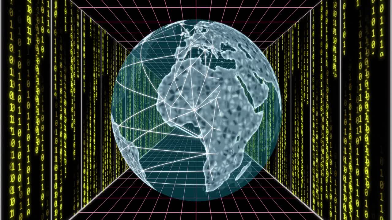 Animation of network of connections, binary coding and data processing over globe
