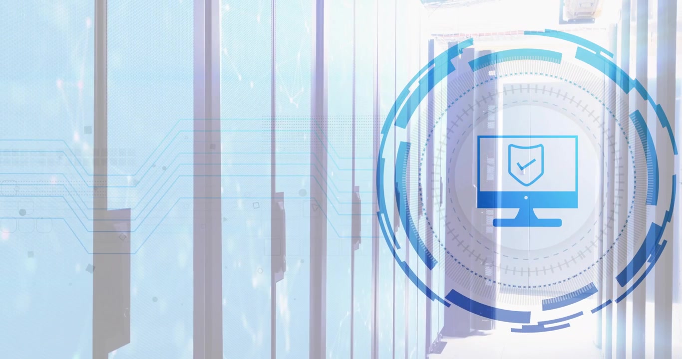 静的な廊下でネットワークラインが流れ始め、ラックが回転し、HUDリングが脈動してセキュリティを示している。